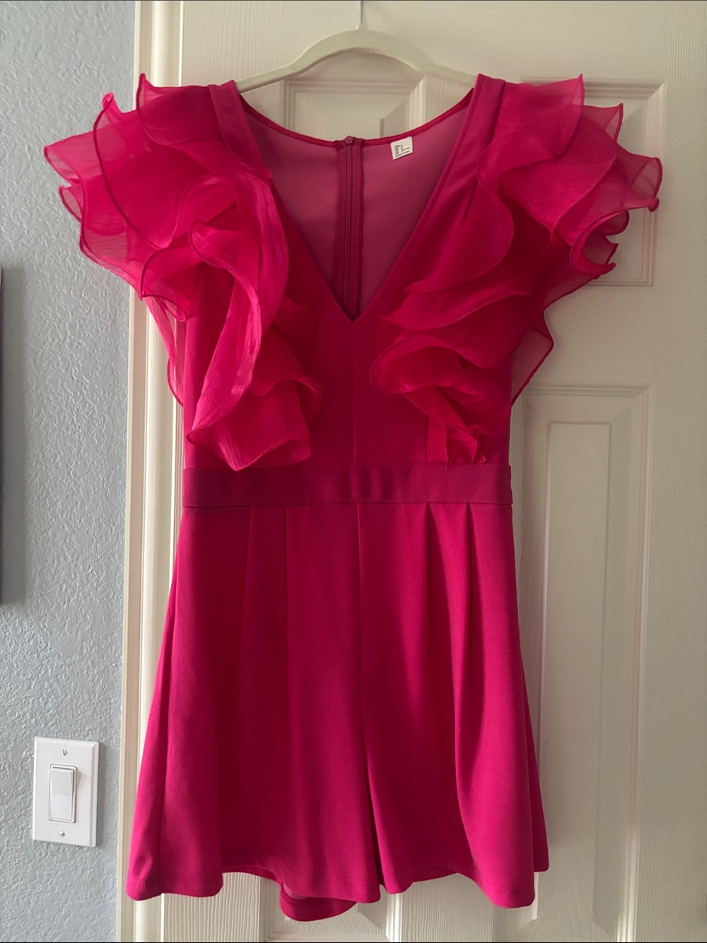 Ruffled V-Neck Hot Pink Romper